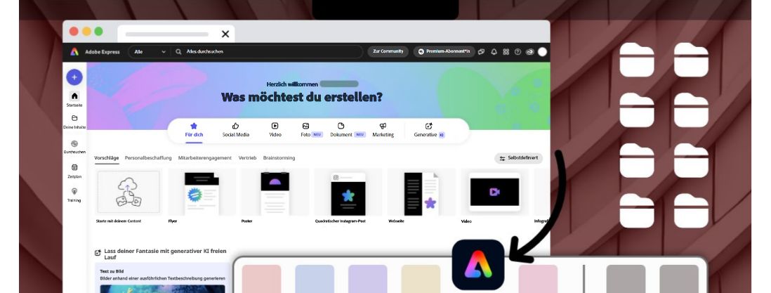 Die Adobe Express-App ist auf dem Bildschirm geöffnet. Die App ist an das Dock eines Mac-Geräts angeheftet, um einfach darauf zugreifen zu können.