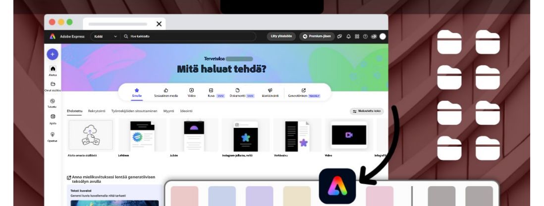 Adobe Express ‑sovellus on avattuna näytössä, ja sovellus on kiinnitetty käytön helpottamiseksi Mac-laitteen telakkaan.