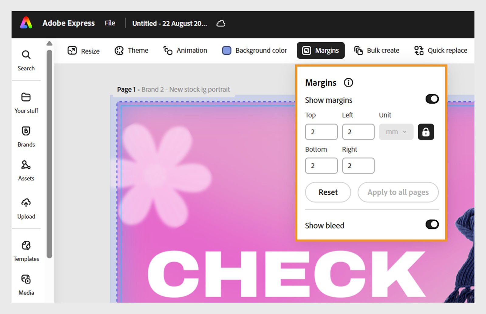 Adobe Express interface with a pink design and and margin settings panel showing 2 mm for top, bottom, left, and right.