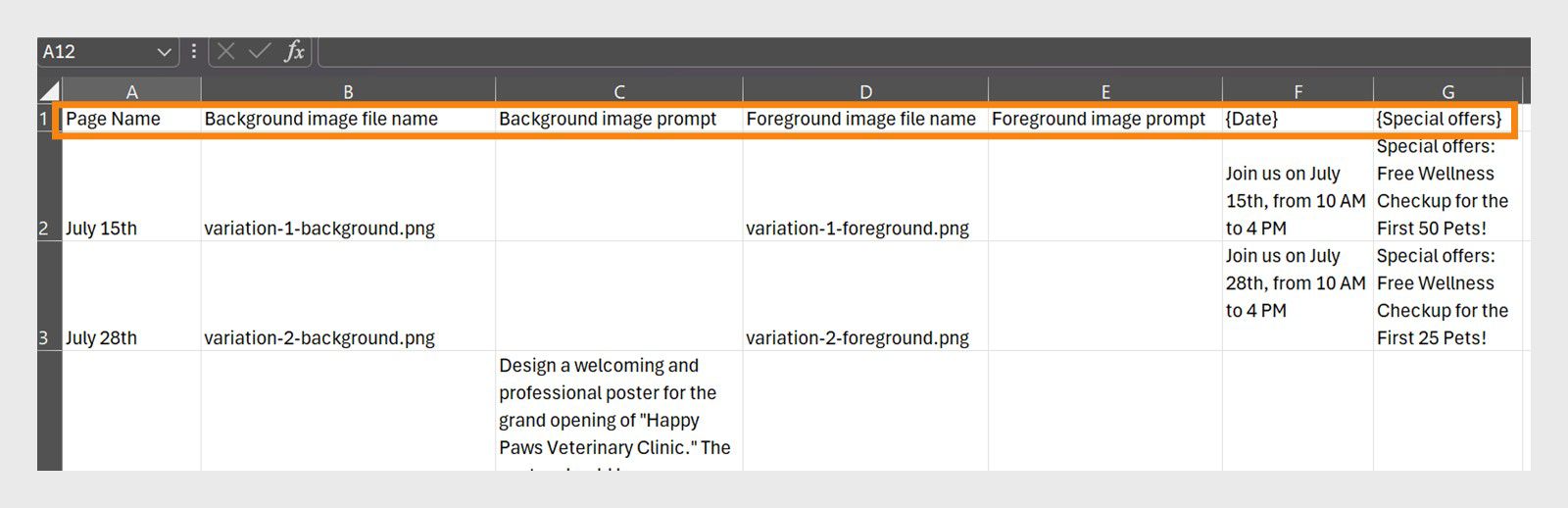 Fchier Excel avec des lignes et des colonnes configurées pour décrire la variante d’un design.