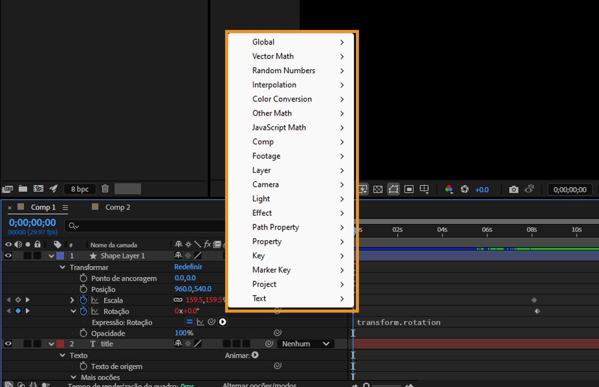  O menu Linguagem de expressão do After Effects aberto, com várias opções para escolha.