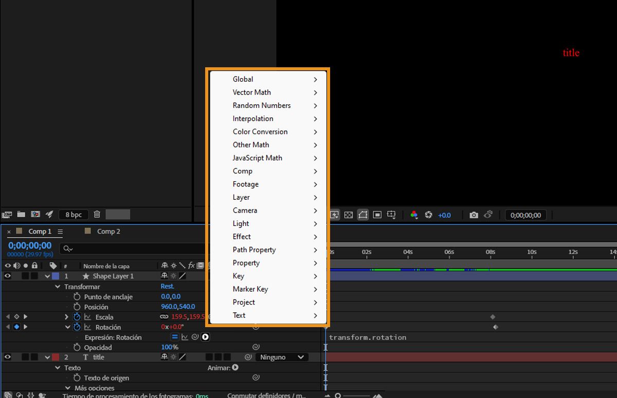  El menú Lenguaje de expresión de After Effects está abierto y hay varias opciones entre las que elegir.