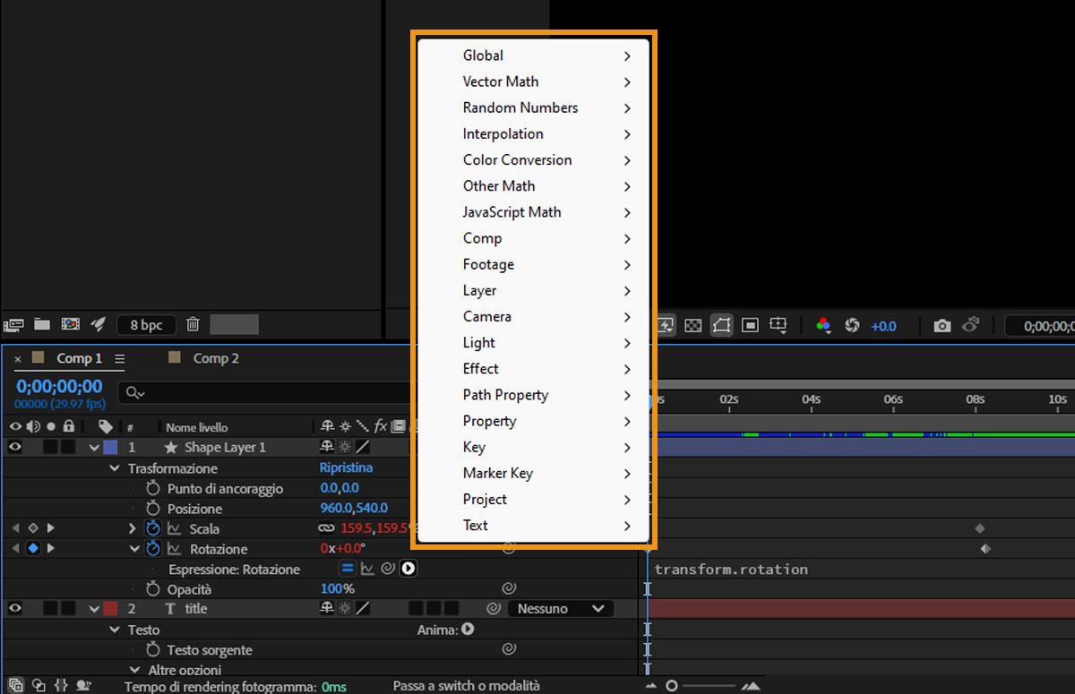  Il menu Linguaggio espressioni in After Effects è aperto e ci sono diverse opzioni tra cui scegliere.