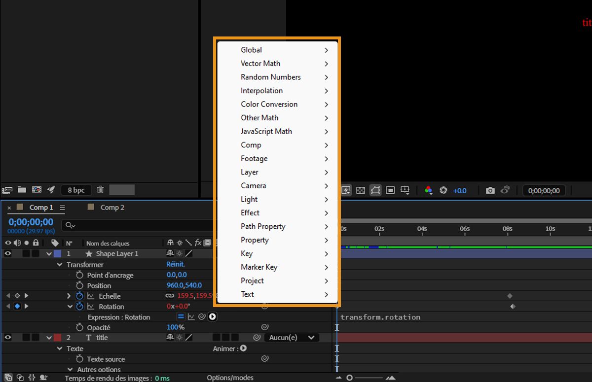  Le menu Langage dʼexpression dans After Effects est ouvert et vous pouvez choisir parmi plusieurs options.