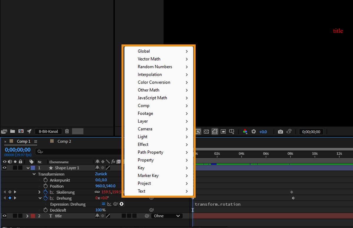  Das Expression-Sprachmenü in After Effects ist geöffnet und es stehen mehrere Optionen zur Auswahl.