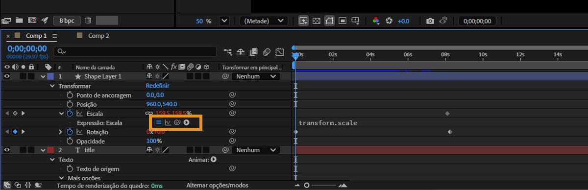  A propriedade Escala aberta em uma camada e os botões da expressão ativa realçados.