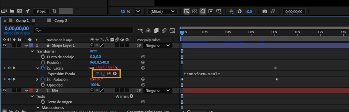  La propiedad Escala está abierta para una capa y los botones de la expresión activa están resaltados.