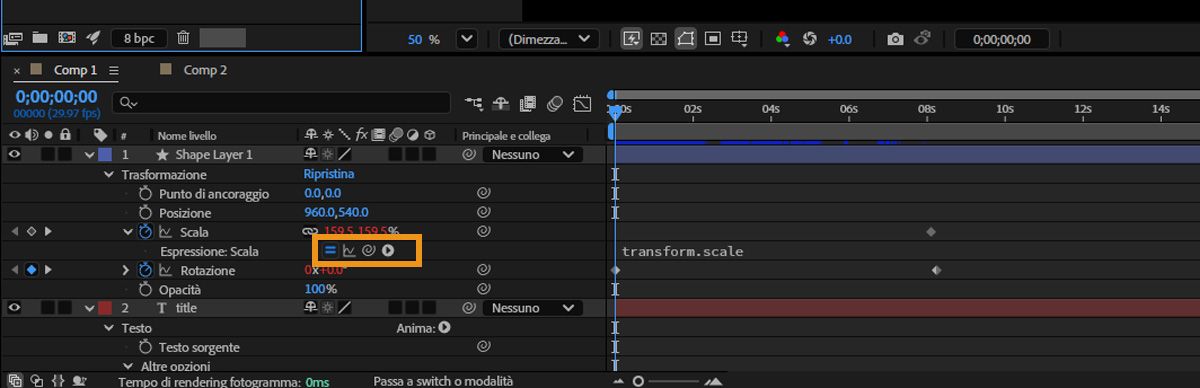  La proprietà Scala è aperta per un livello e i pulsanti per l’espressione attiva sono evidenziati.