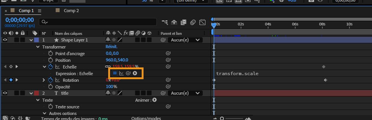  La propriété Échelle est ouverte pour un calque et les boutons de l’expression active sont en surbrillance.