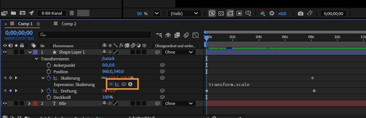  Die Eigenschaft „Skalierung“ ist für eine Ebene geöffnet und es sind Schaltflächen für die aktive Expression hervorgehoben.