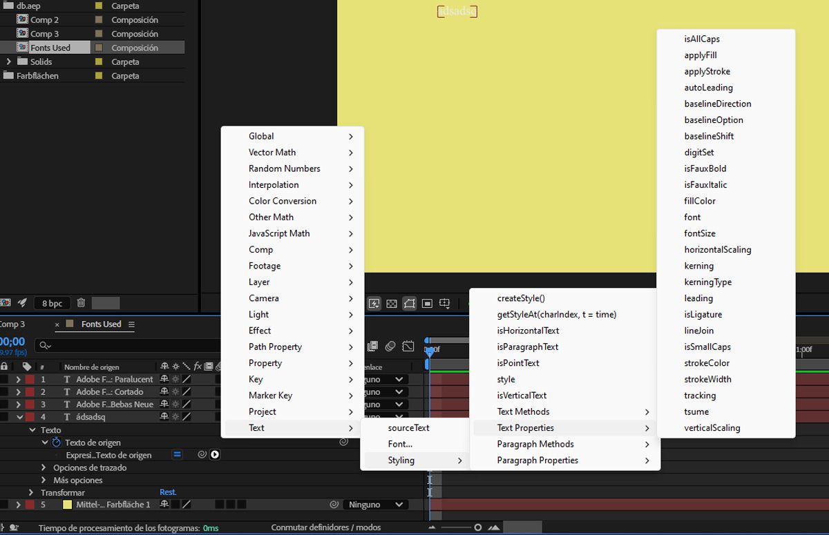 El menú flotante de lenguaje de expresión muestra todas las propiedades de texto entre las que elegir.