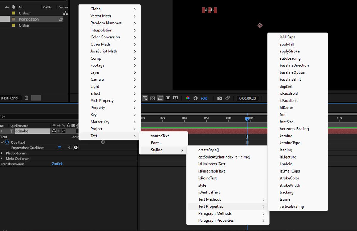 Im Flyout-Menü für die Expression-Sprache sind alle Texteigenschaften aufgelistet, aus denen gewählt werden kann.
