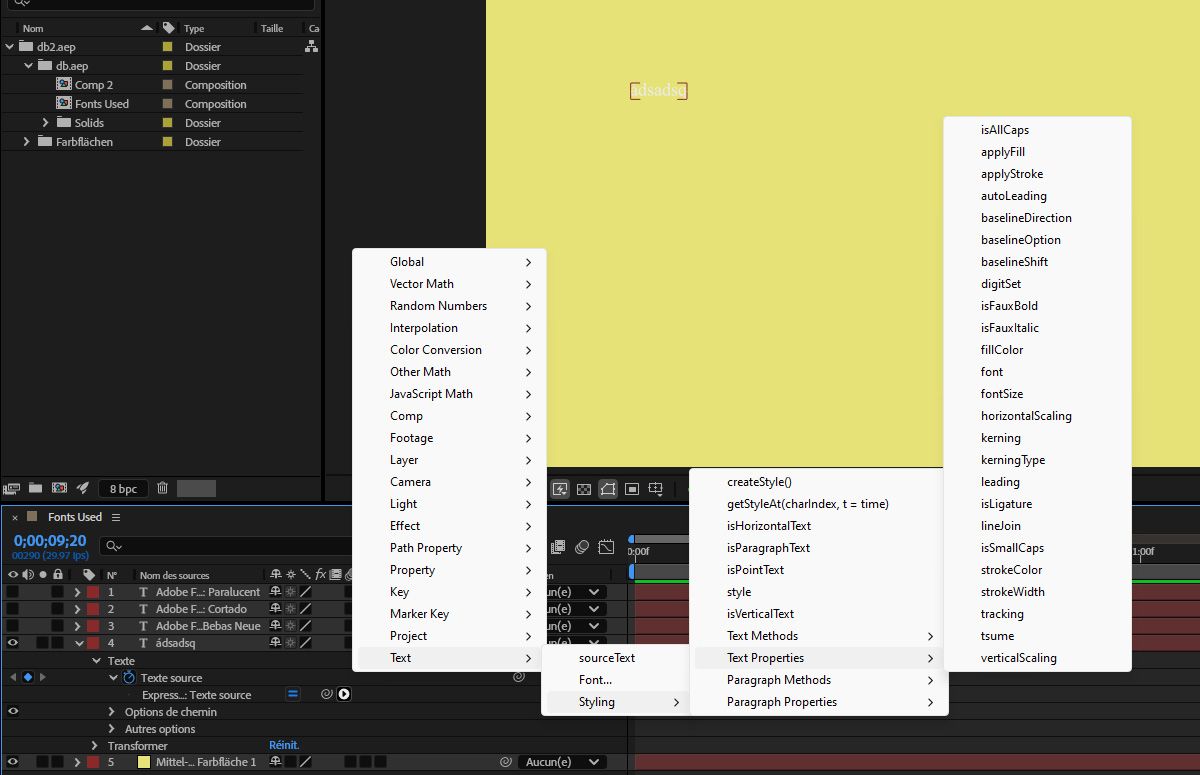 Le menu contextuel Langage d’expression répertorie toutes les propriétés de texte parmi lesquelles vous pouvez choisir.