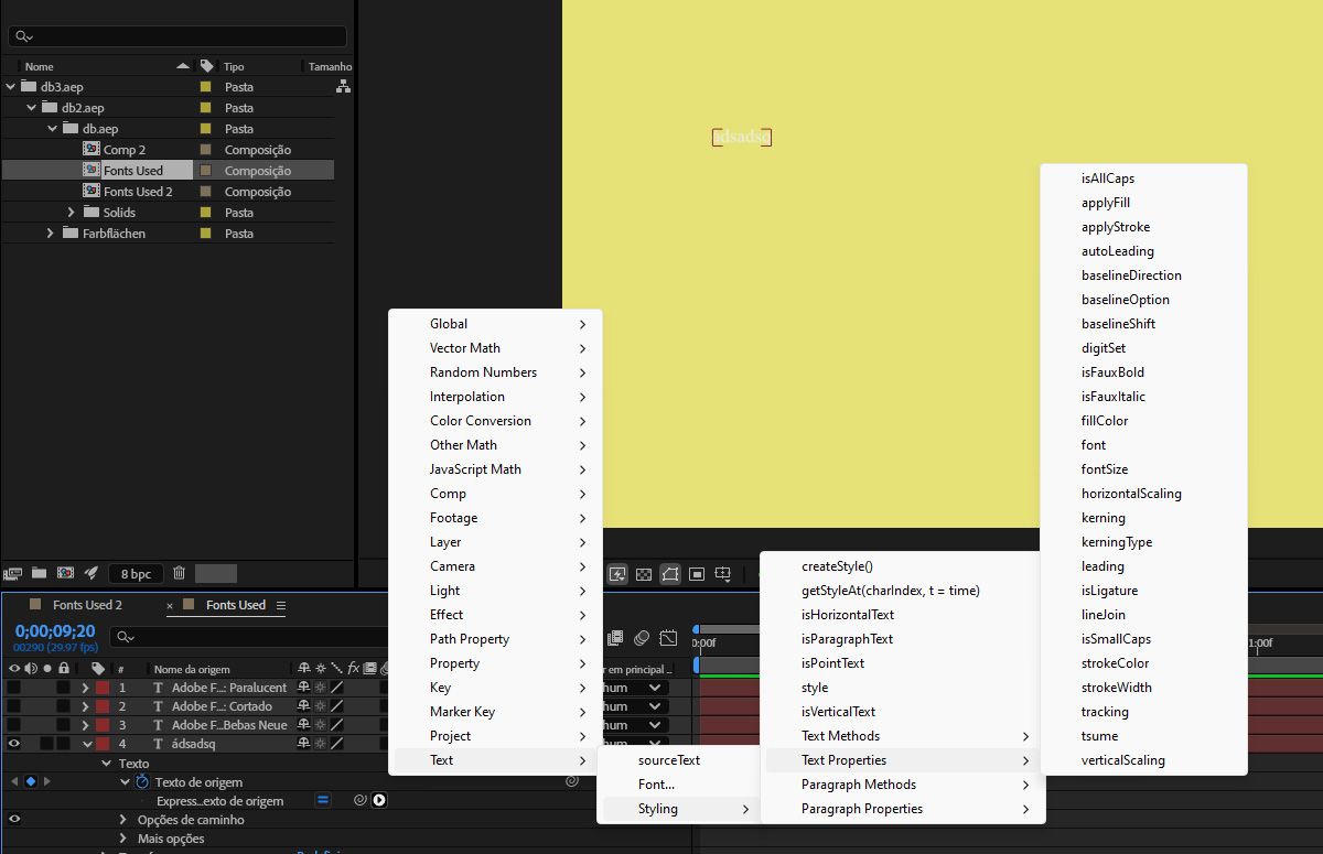 O menu suspenso Idioma de expressão lista todas as propriedades de texto disponíveis para escolha.