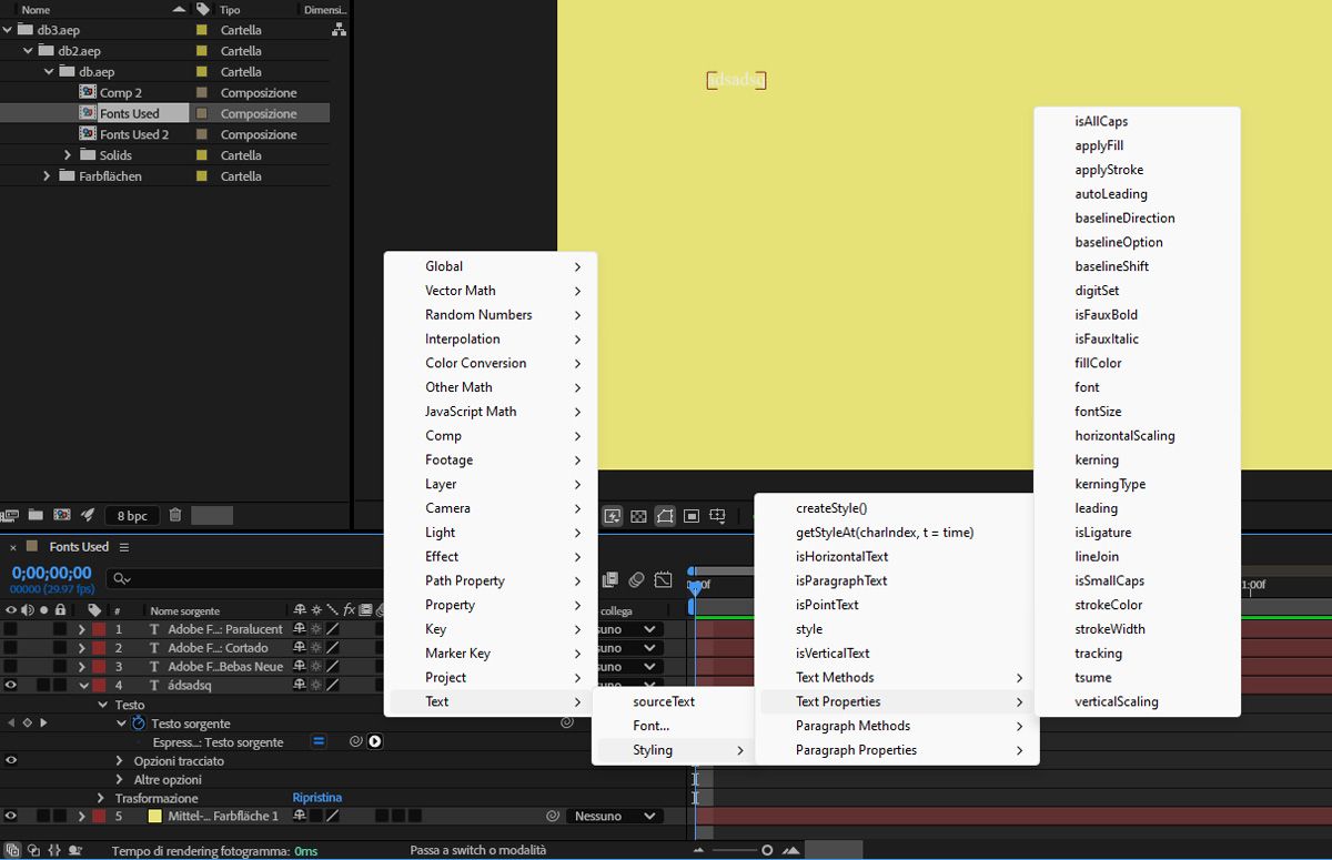 Il menu a comparsa Linguaggio espressioni elenca tutte le proprietà del testo tra cui scegliere.