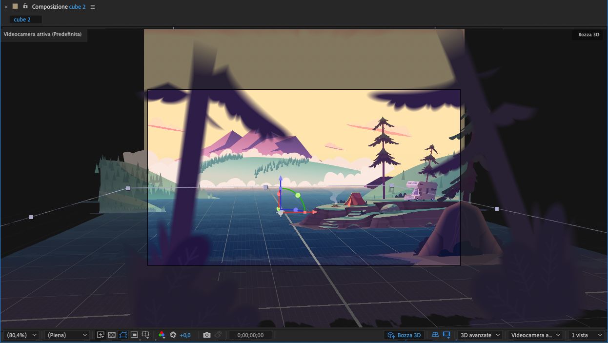 Vista della composizione 3D con il Riquadro di visualizzazione esteso abilitato.
