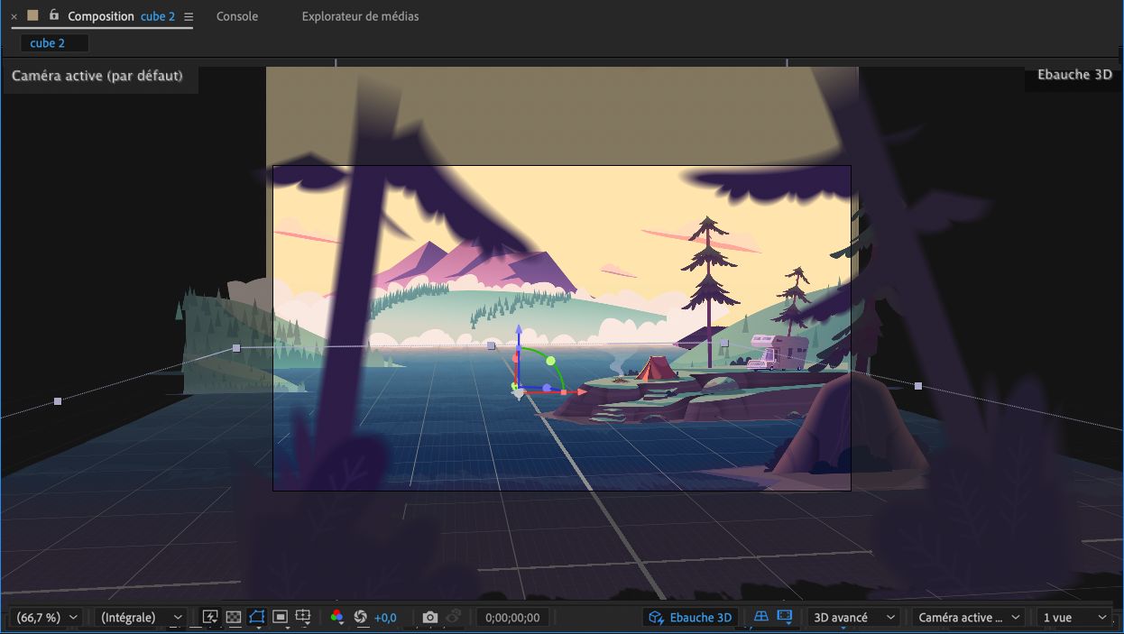 Vue de la composition 3D avec la visionneuse étendue activée.