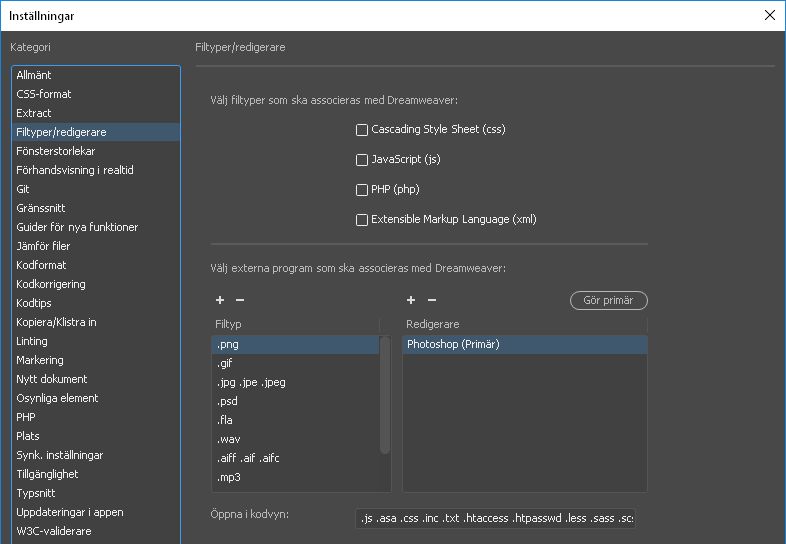 Ange extern redigerare för särskilda filtyper