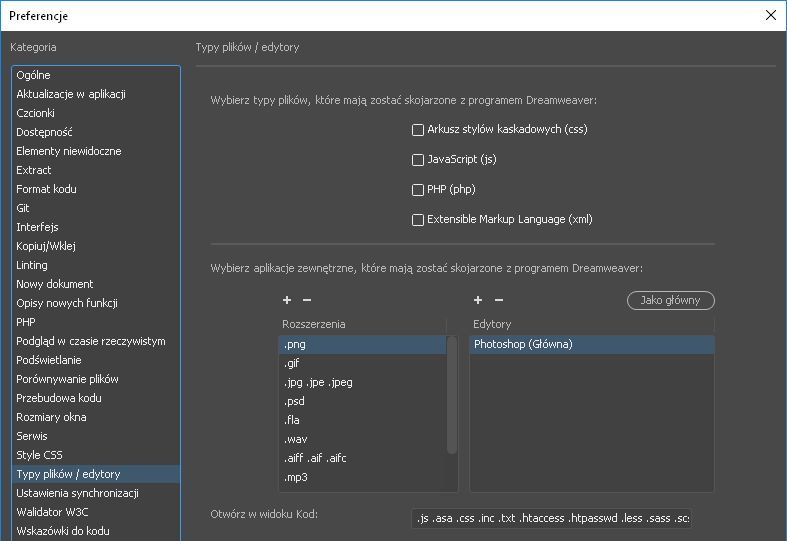 Ustawianie zewnętrznego edytora dla określonego typu pliku