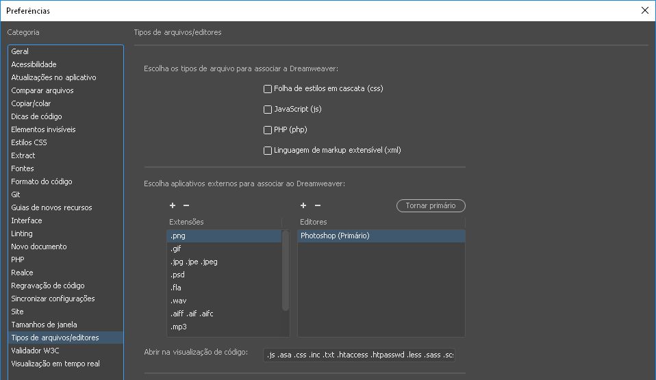 Definir um editor externo para tipos de arquivo específicos