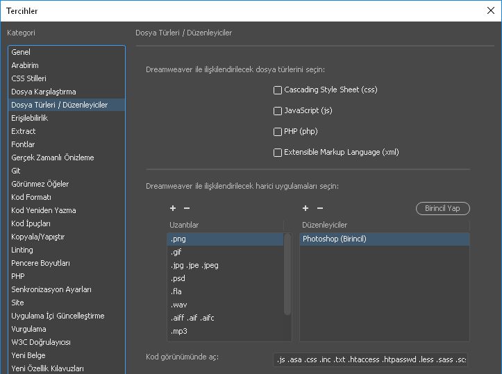 Belirli dosya türleri için harici düzenleyici ayarlama