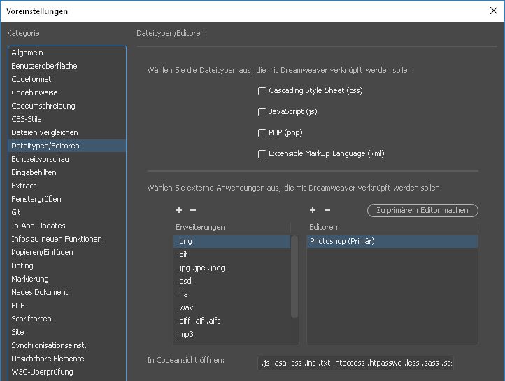 Externen Editor für bestimmte Dateitypen festlegen
