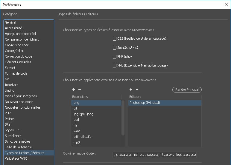 Définition d’un éditeur externe pour certains types de fichier