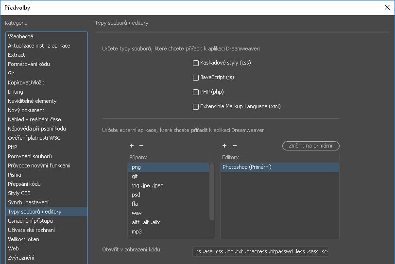 Nastavení externího editoru pro konkrétní typy souborů