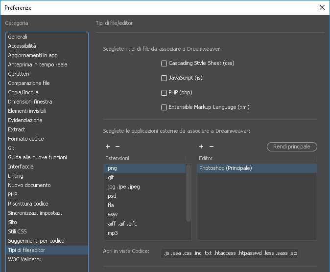 Impostare un editor esterno per tipi specifici di file
