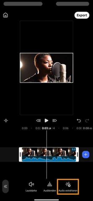 Extrahiere den markierten Audiobereich – neben „Lautstärke“ und „Einblenden“ in der Audio-Symbolleiste.