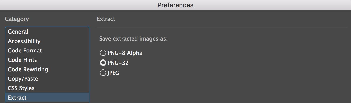 تنسيق الصورة التي تم استخراجها في Dreamweaver CC