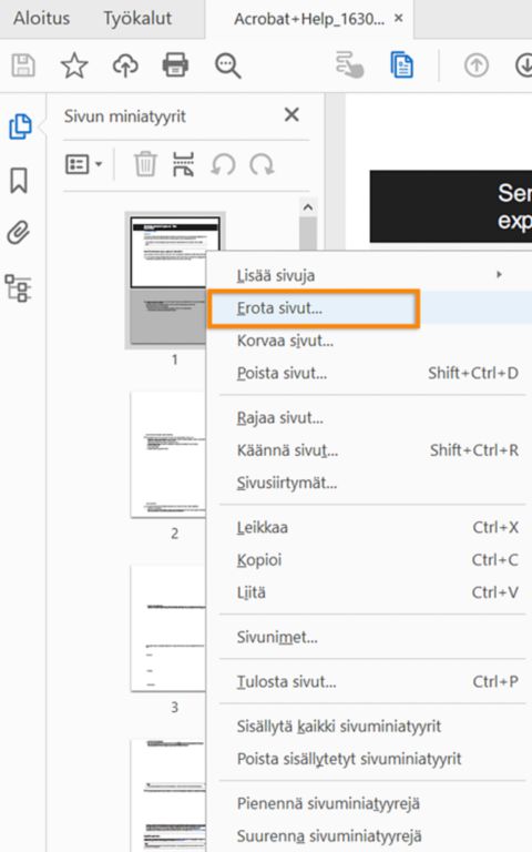 Ei-peräkkäisten sivujen erottaminen