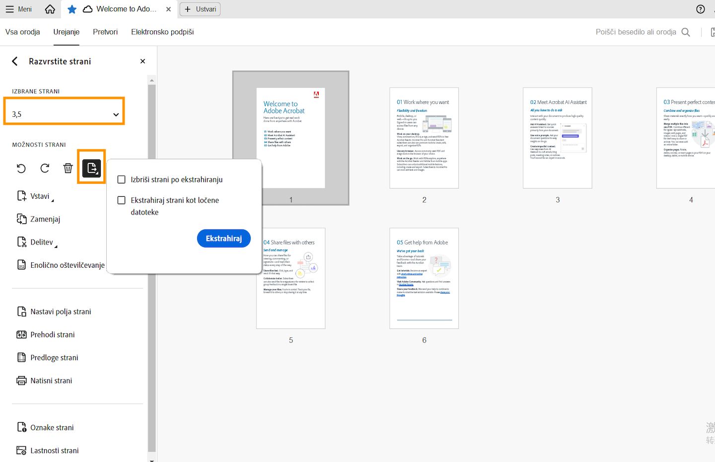 Možnost Ekstrahiranje strani iz PDF-ja je prikazana v vmesniku programa Acrobat. 