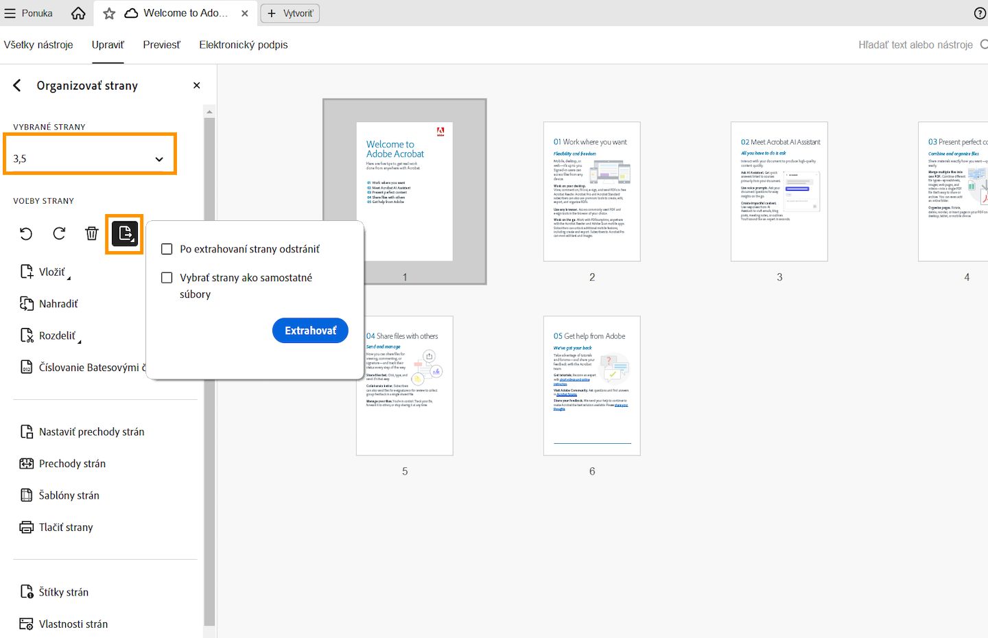 V rozhraní aplikácie Acrobat sa zobrazí možnosť Extrahovanie strán zo súboru PDF. 