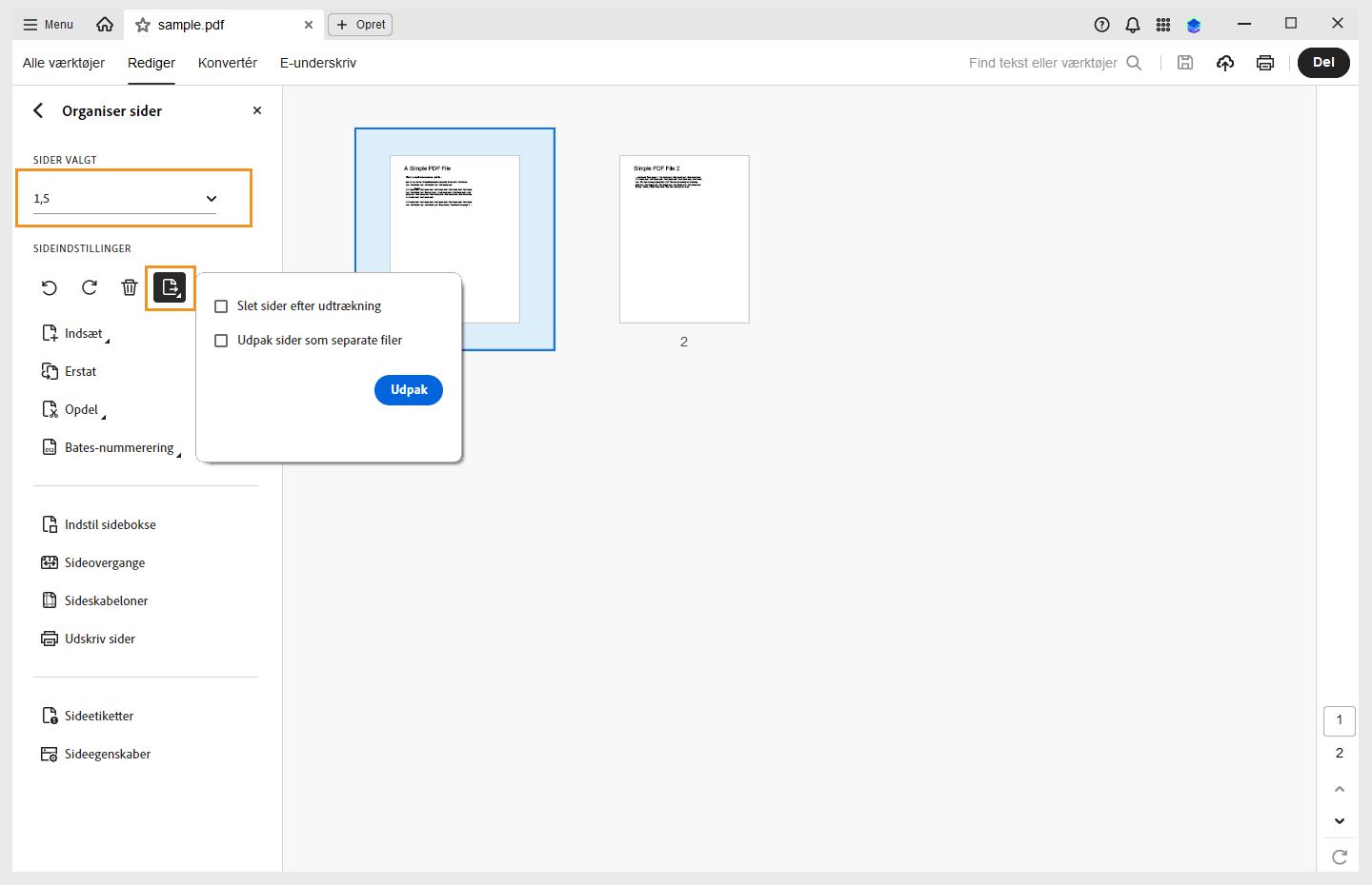 Indstillingen Udtræk sider fra en PDF vises i Acrobat-grænsefladen. 