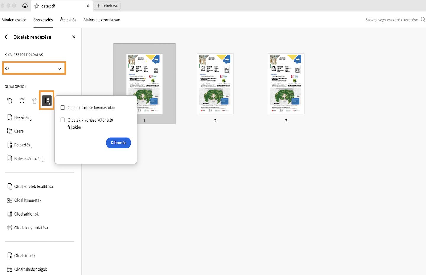 Az Oldalak kivonása egy PDF-ből opció az Acrobat felületén. 