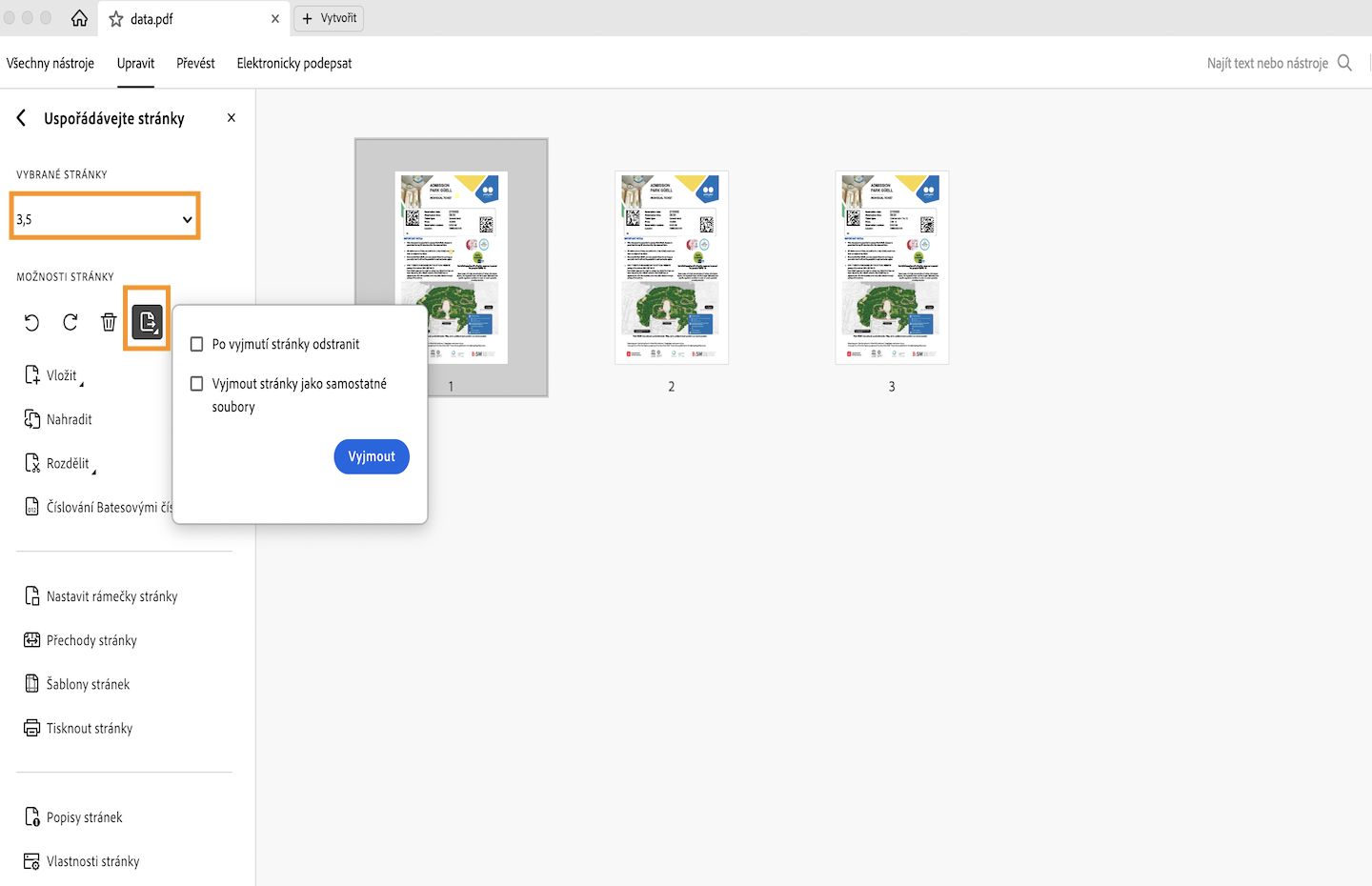 V rozhraní aplikace Acrobat se zobrazí možnost Vyjmout stránky ze souboru PDF. 