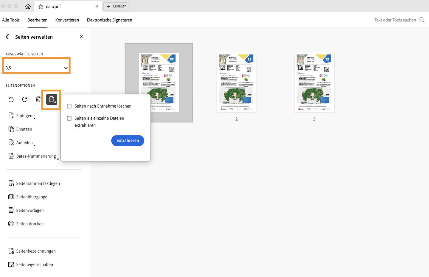 Die Option „Seiten aus einer PDF-Datei extrahieren“ wird in der Acrobat Benutzeroberfläche angezeigt. 