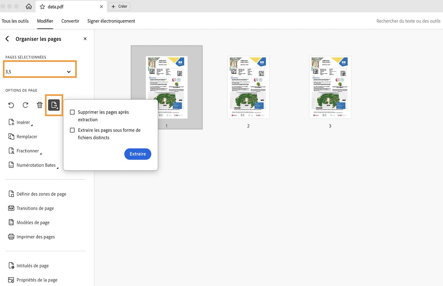 Option Extraire des pages d’un PDF affichée dans l’interface Acrobat 
