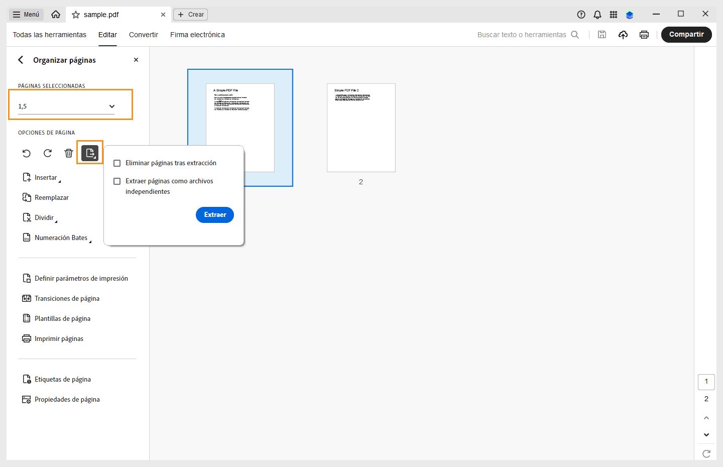 La opción Extraer páginas de un PDF se muestra en la interfaz de Acrobat. 