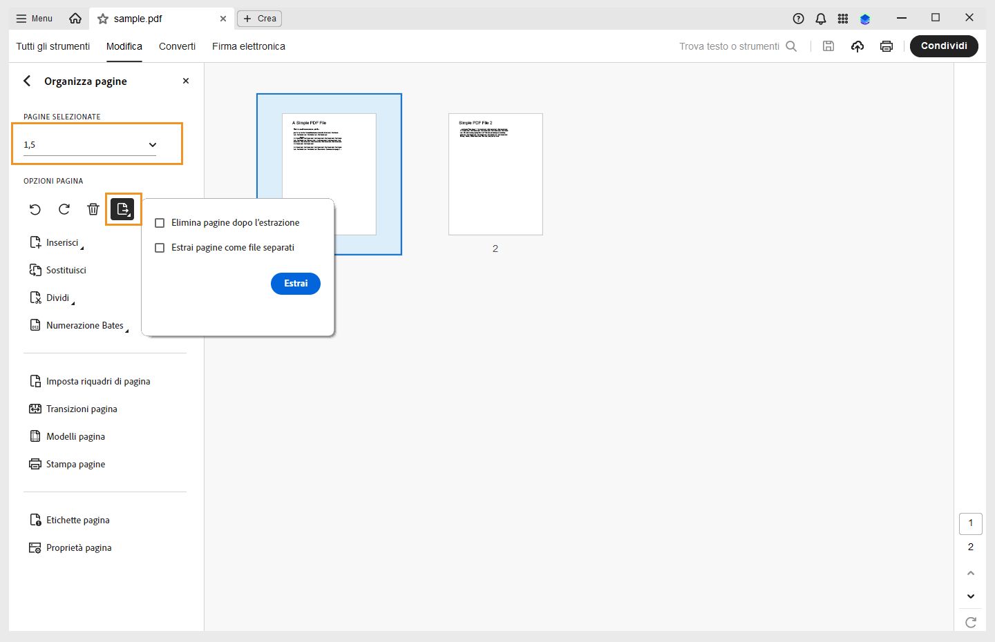 Opzione Estrai pagine da un PDF visualizzata nell’interfaccia di Acrobat. 