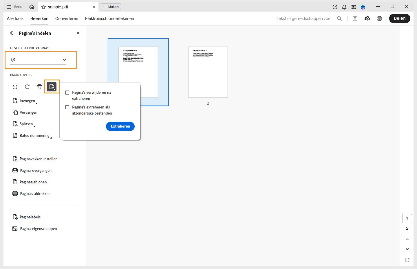 De optie Pagina's uit een PDF extraheren wordt weergegeven in de Acrobat-interface. 