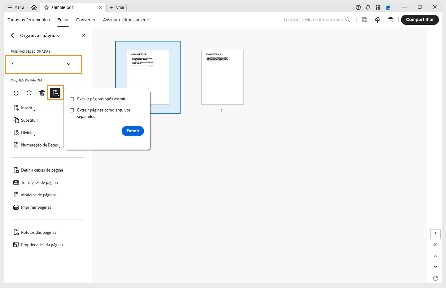 A opção Extrair páginas de um PDF aparece na interface do Acrobat. 