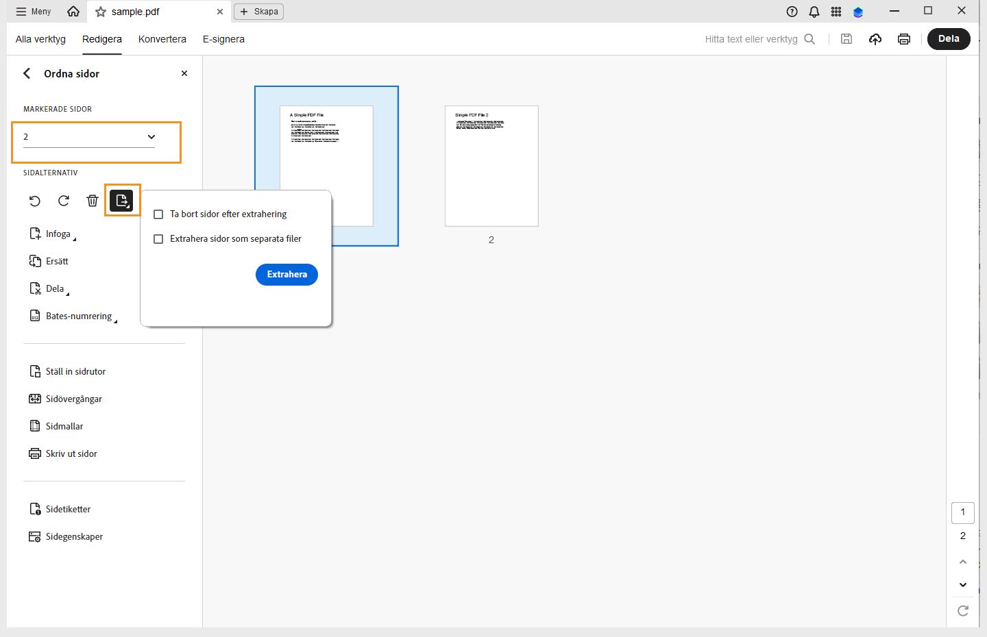 Alternativet Extrahera sidor från en PDF-fil visas i gränssnittet för Acrobat. 