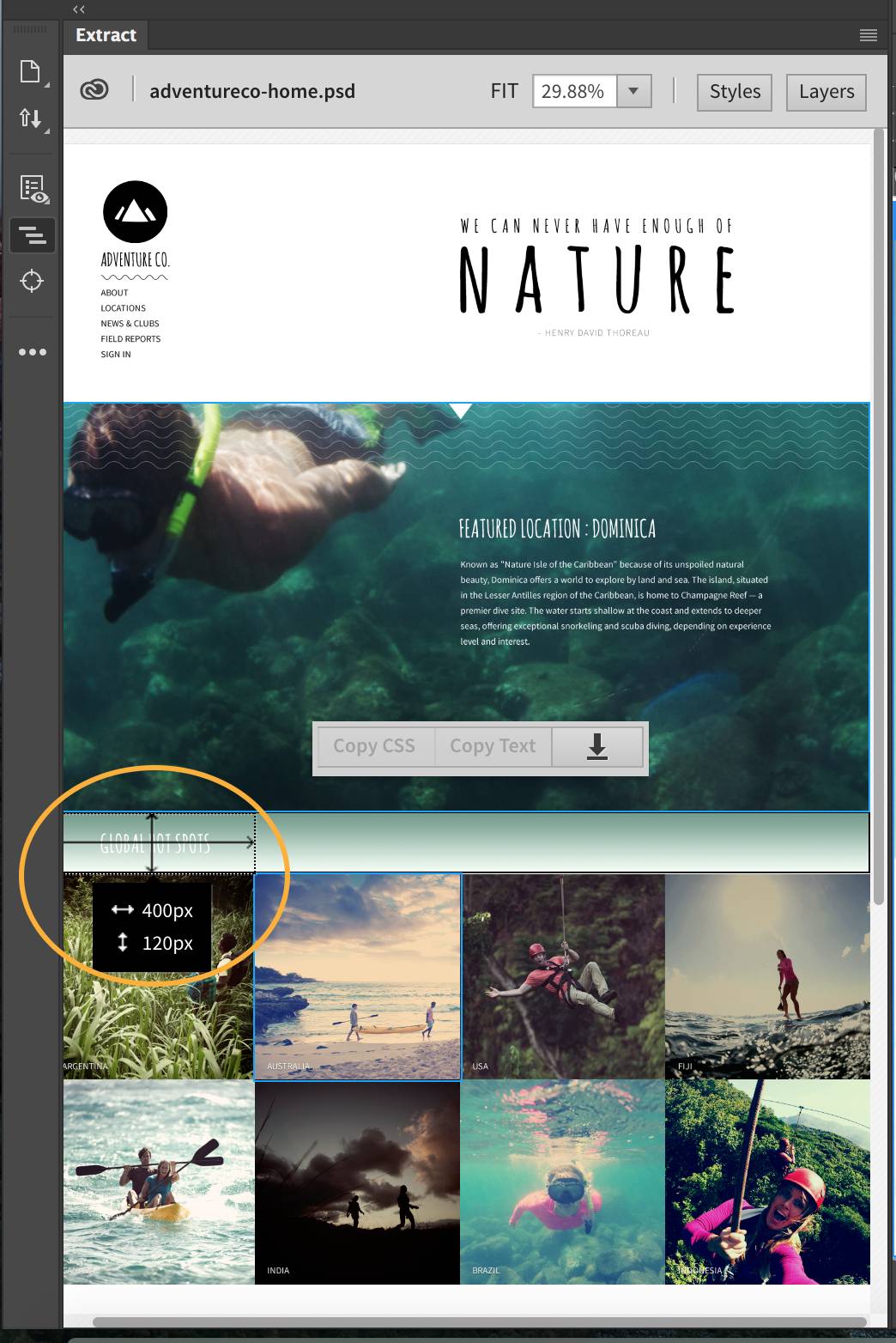 القياسات في لوحة Extract