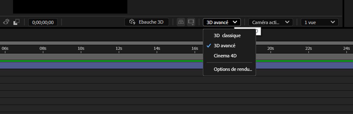 Menu déroulant du moteur de rendu ouvert avec Advanced 3D sélectionné, affichant les options Classic 3D et Cinema 4D.