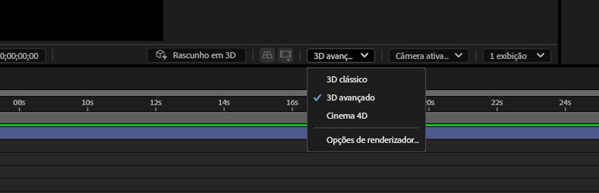Menu suspenso do renderizador aberto com Advanced 3D selecionado, mostrando as opções Classic 3D e Cinema 4D.