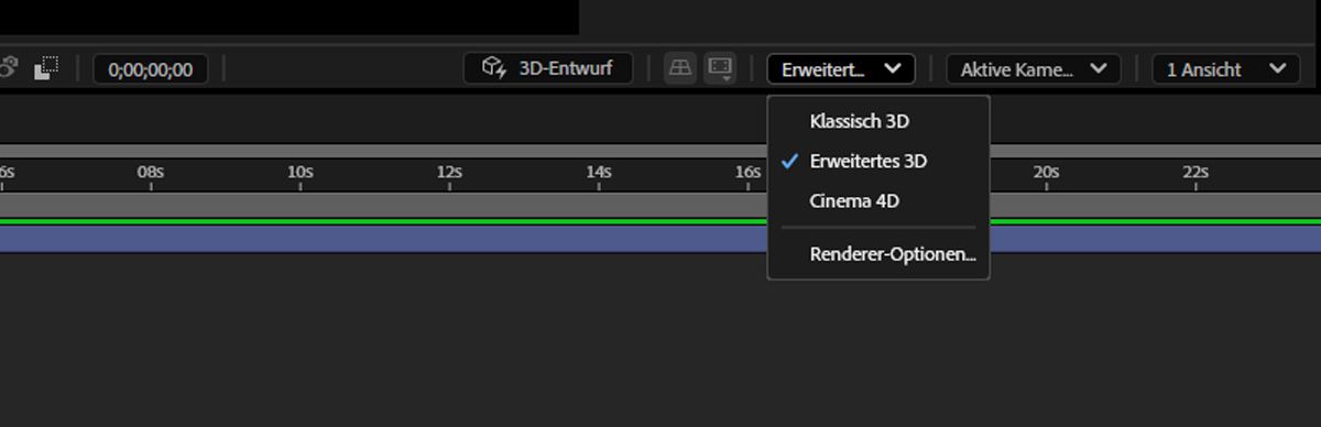 Renderer-Dropdown-Menü geöffnet mit ausgewähltem Advanced 3D, zeigt die Optionen Classic 3D und Cinema 4D an.