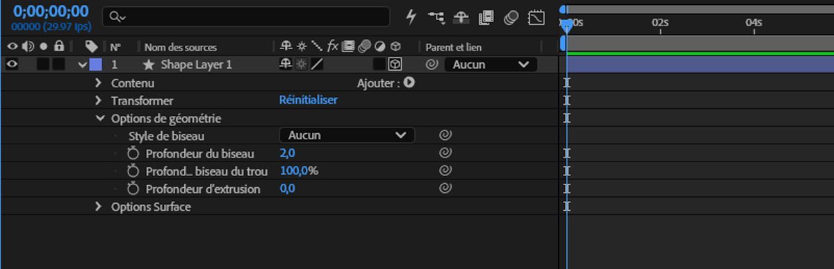 Options de géométrie pour un calque de forme affichant les propriétés Style de biseau, Profondeur de biseau, Profondeur de biseau de trou et Profondeur d'extrusion.