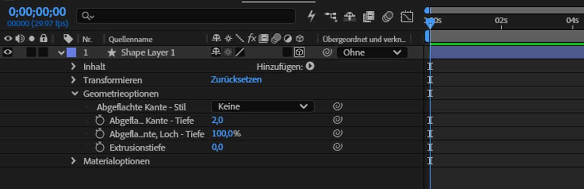 Geometrieoptionen für eine Formebene zeigen die Eigenschaften „Abgeflachte Kante – Stil“, „Abgeflachte Kante – Tiefe“, „Abgeflachte Kante, Loch – Tiefe“ und „Extrusionstiefe“.
